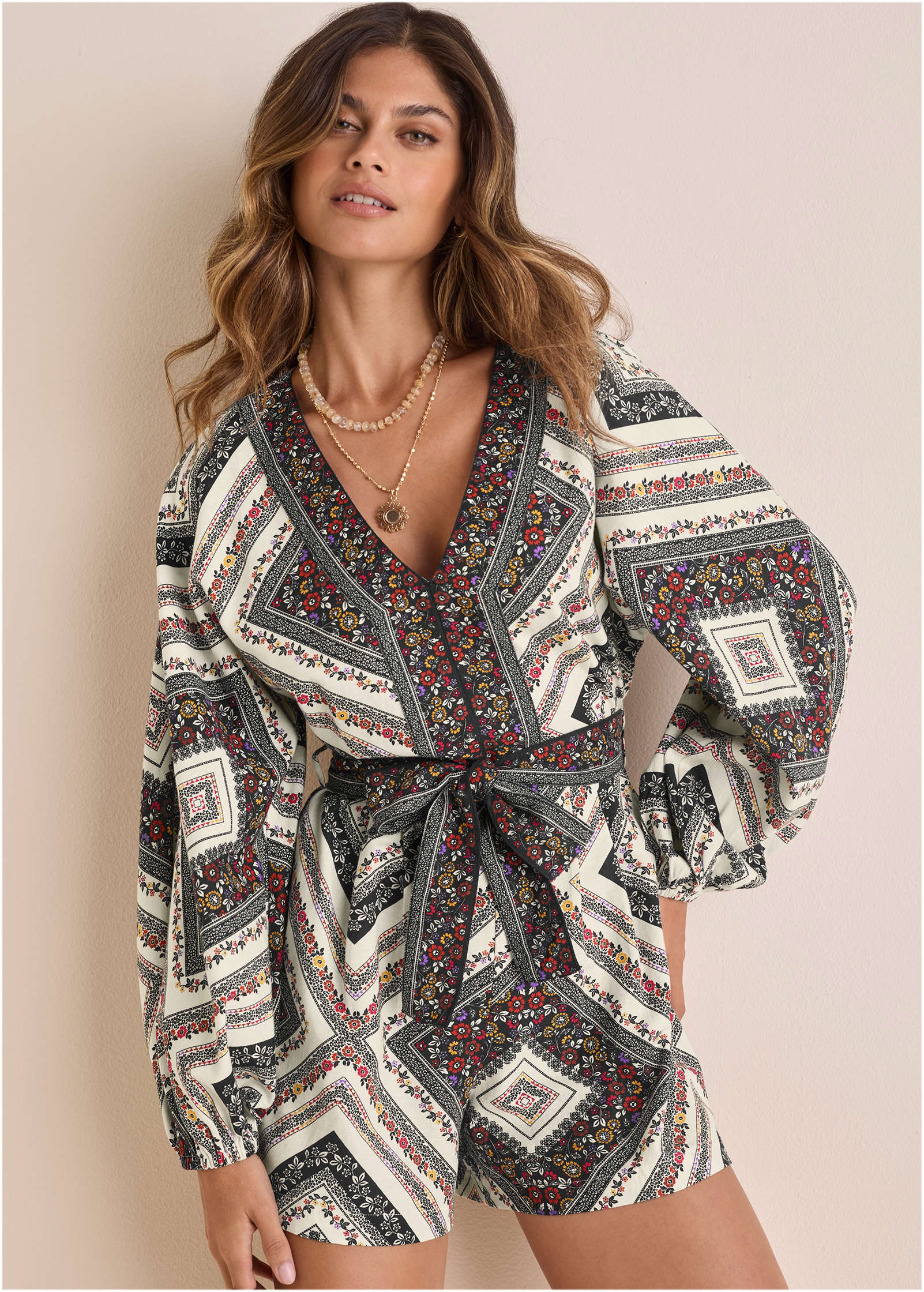 Linen Tie-Waist Romper - Summer Prairie Patchwork Floral