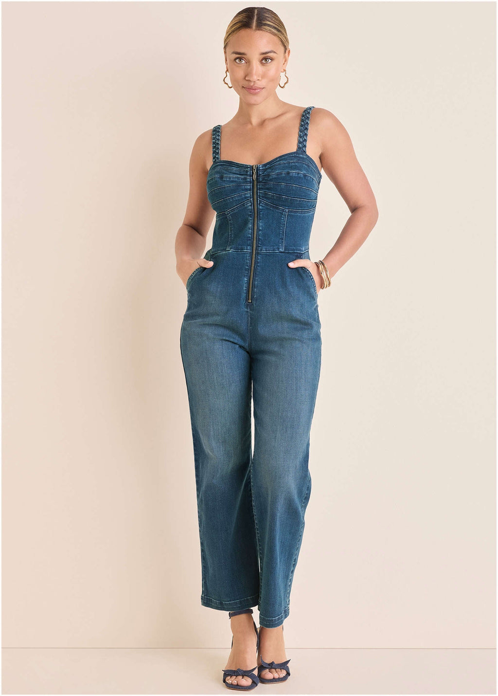 Braided Strap Denim Jumpsuit - Medium Wash