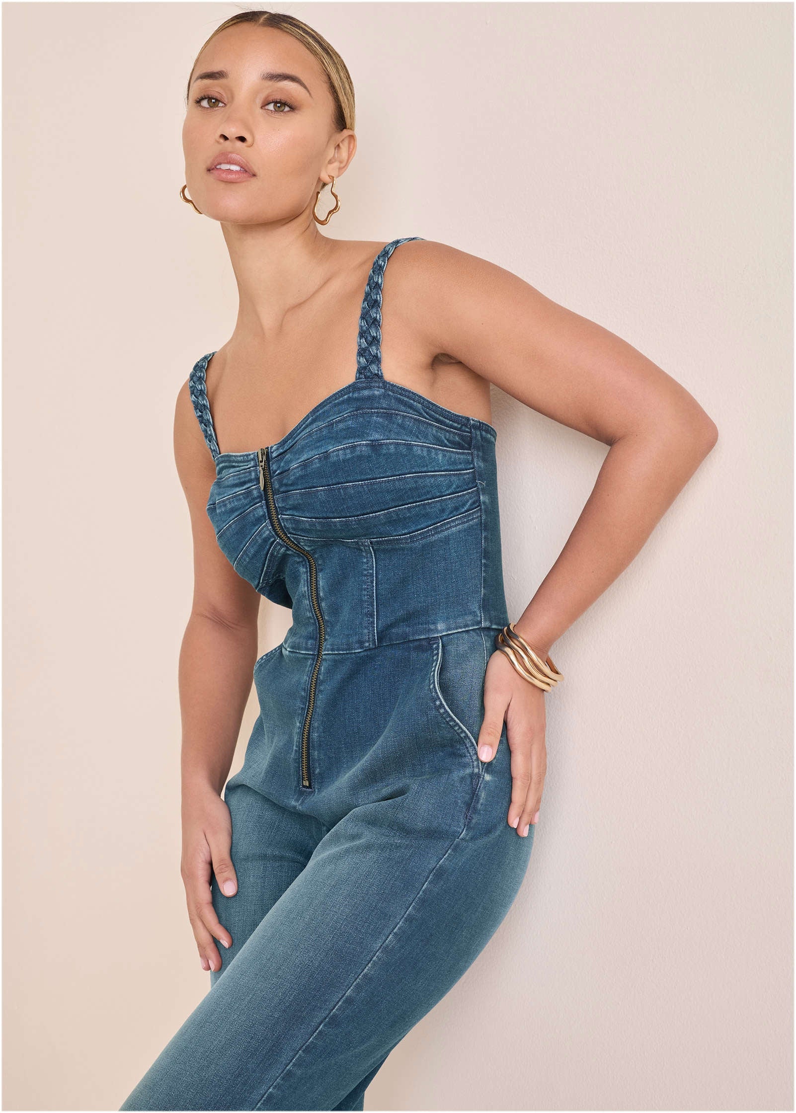 Braided Strap Denim Jumpsuit - Medium Wash
