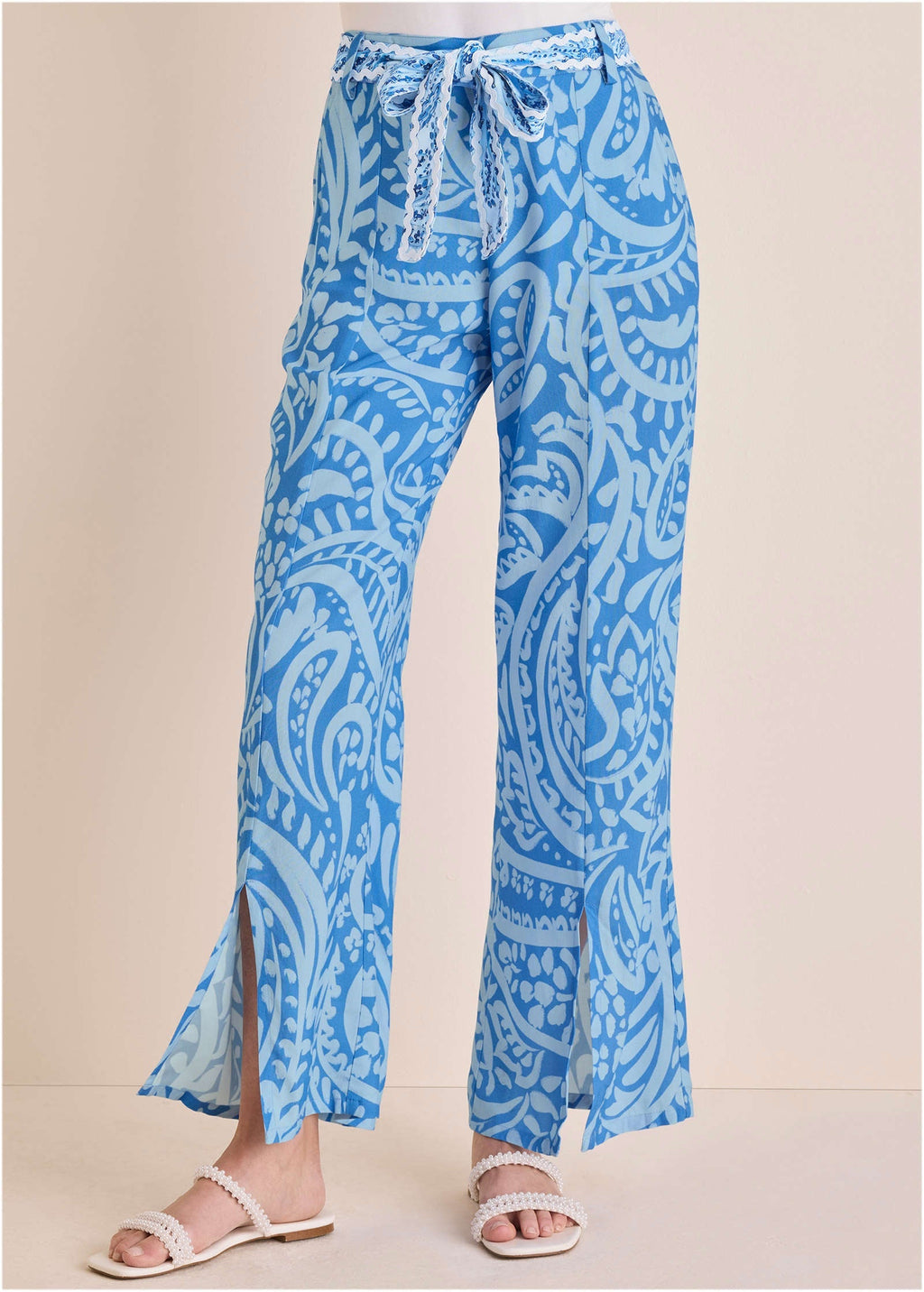 Front Slit Printed Pant - Blue Allover Spring Paisley