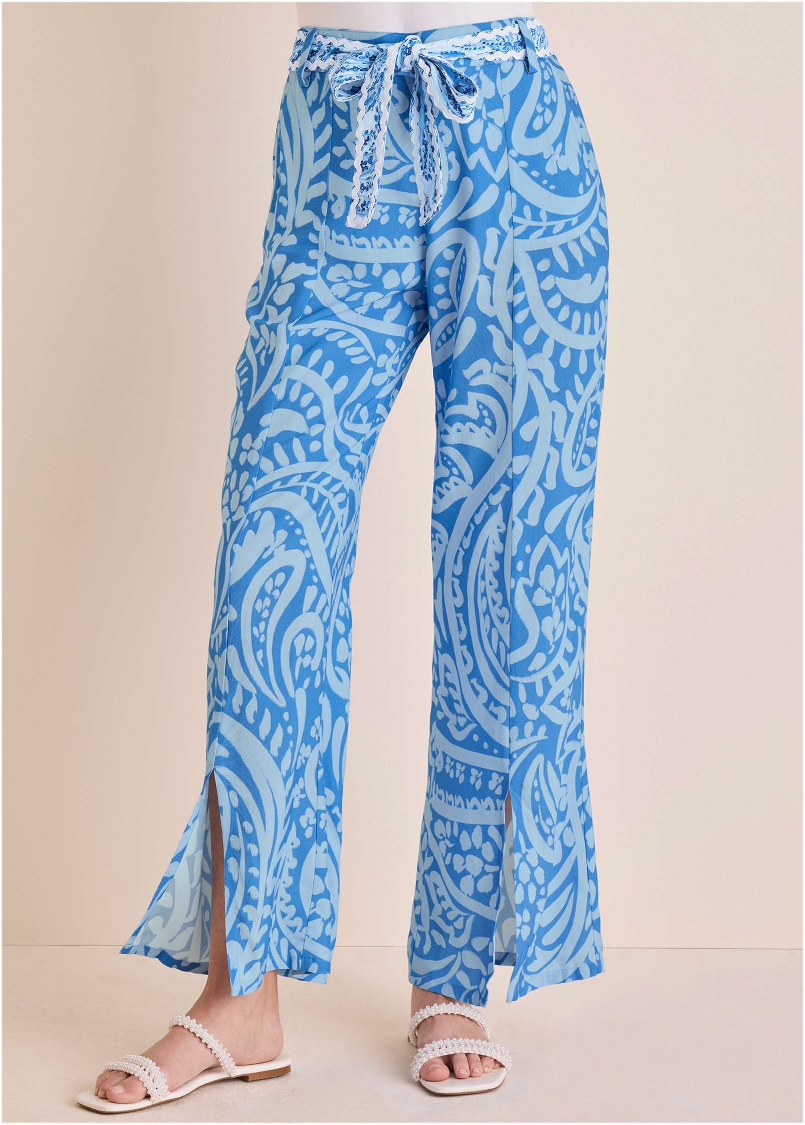 Front Slit Printed Pant - Blue Allover Spring Paisley