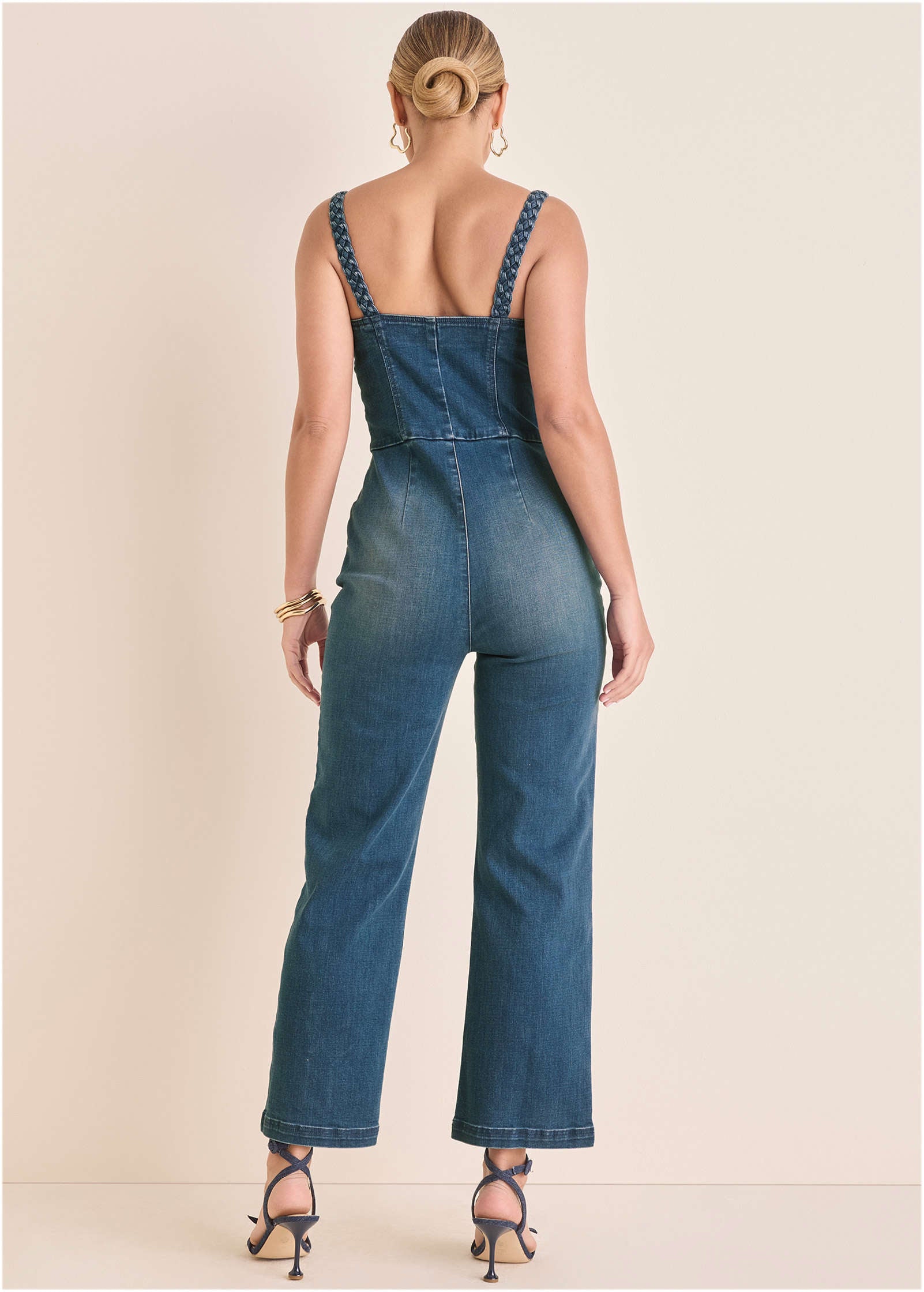 Braided Strap Denim Jumpsuit - Medium Wash