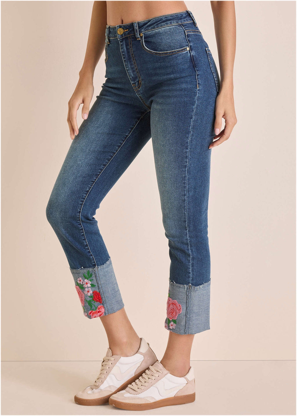 Embroidered Crop Jean - Medium Wash