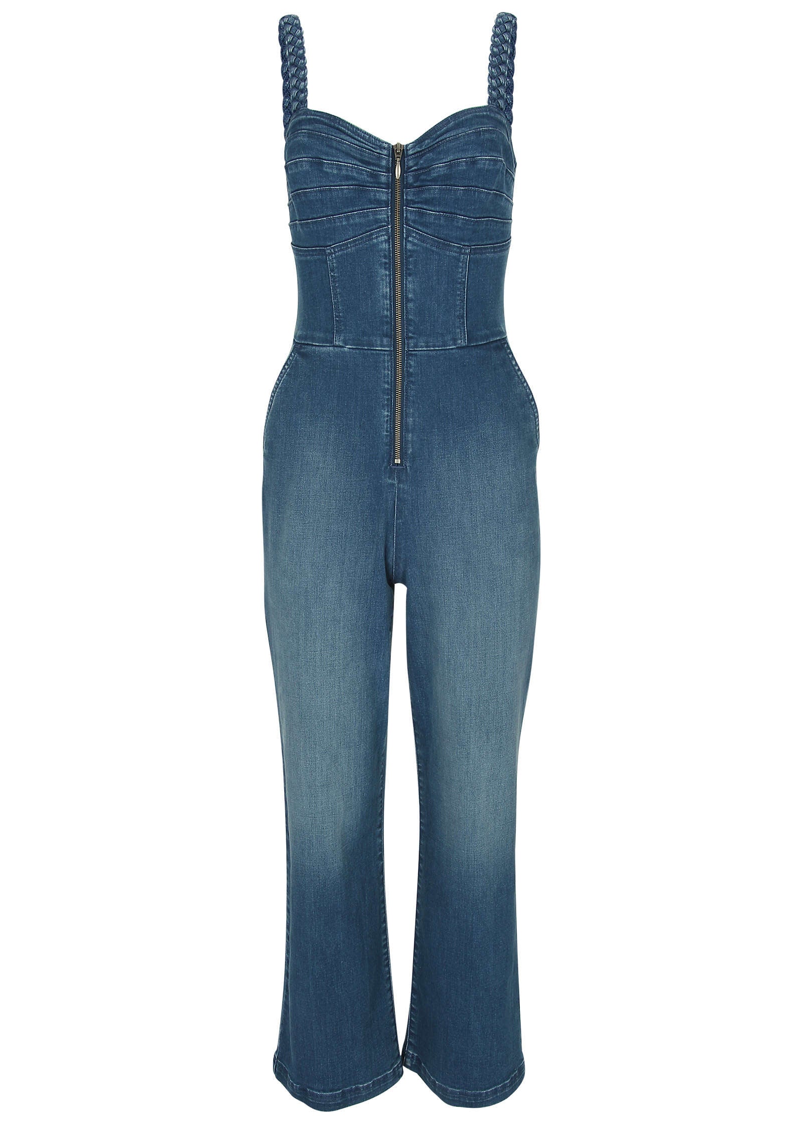 Braided Strap Denim Jumpsuit - Medium Wash