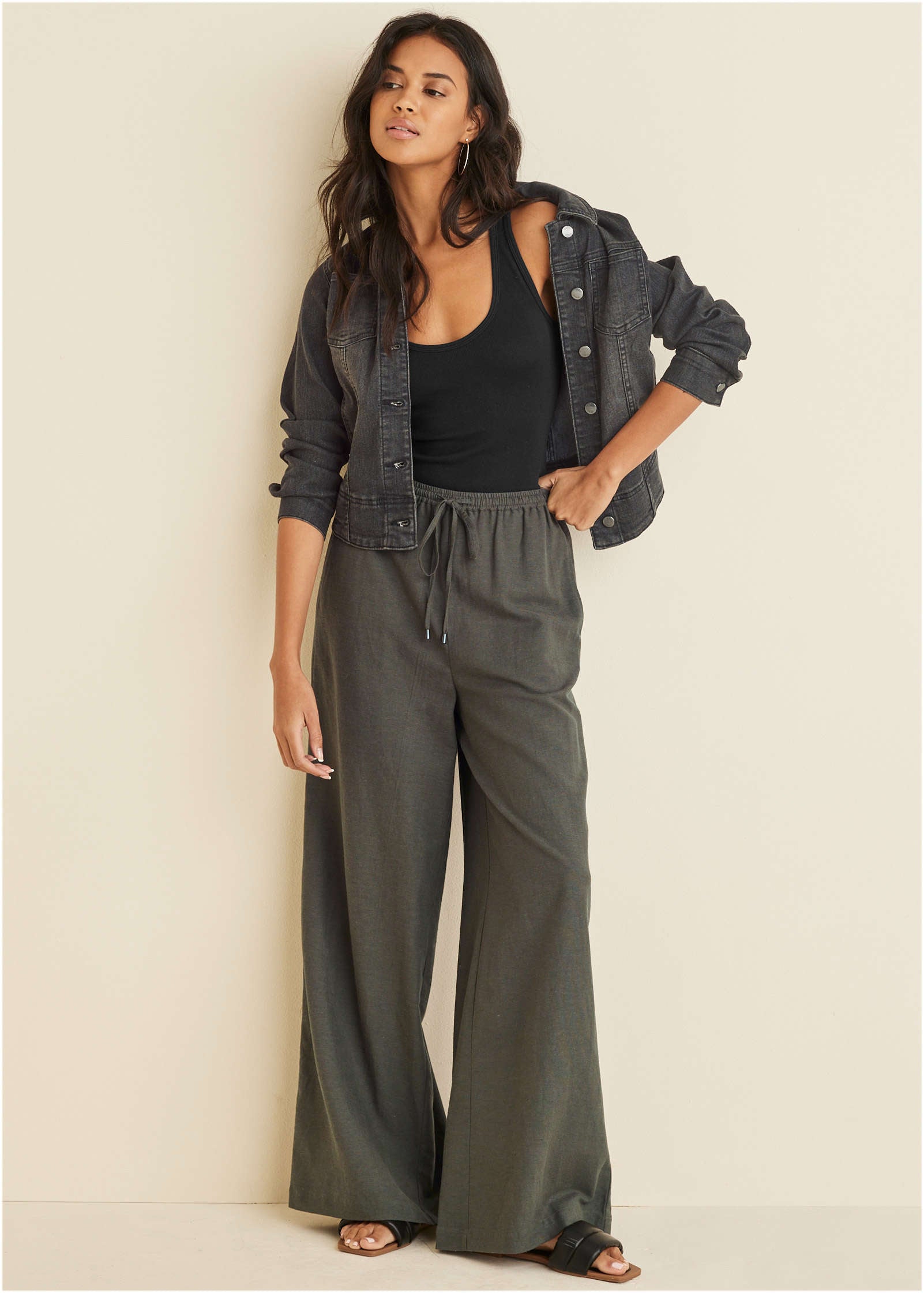 Linen Wide Leg Pant - Olive