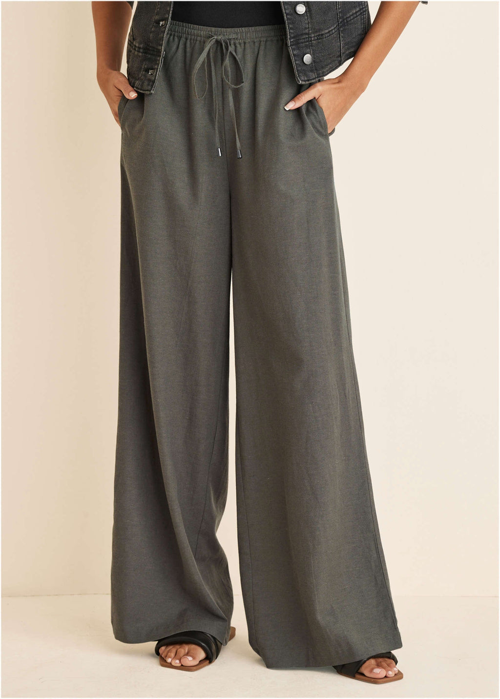 Linen Wide Leg Pant - Olive