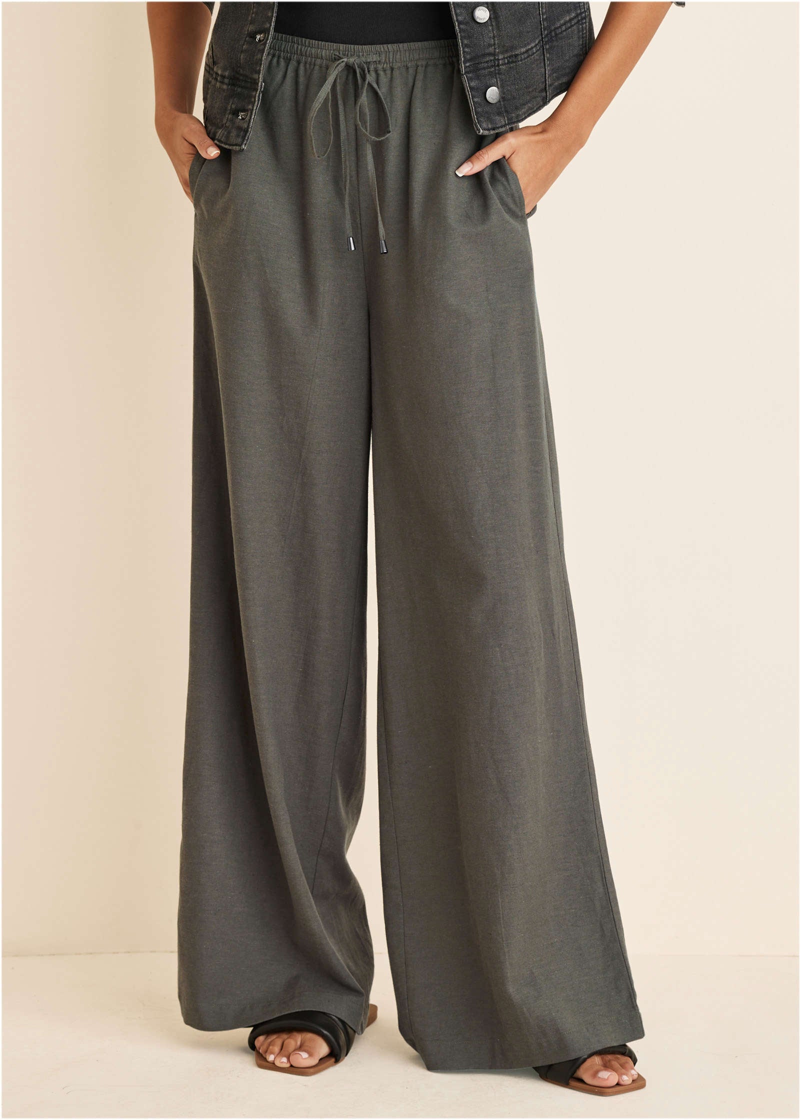 Linen Wide Leg Pant - Olive