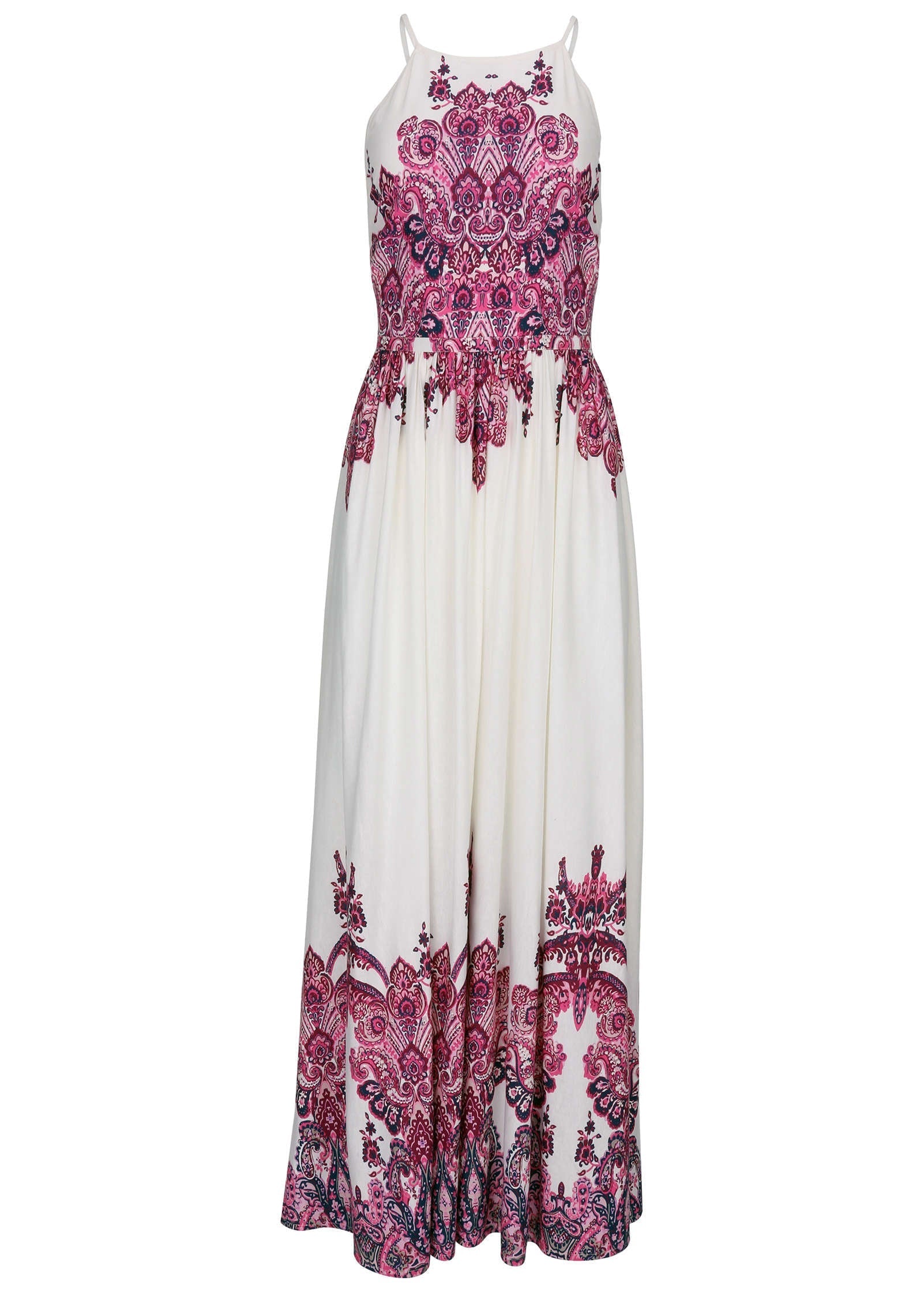 Printed Linen Maxi Dress - Pink Boho Paisley Border
