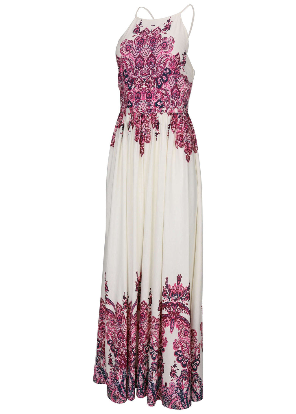 Printed Linen Maxi Dress - Pink Boho Paisley Border