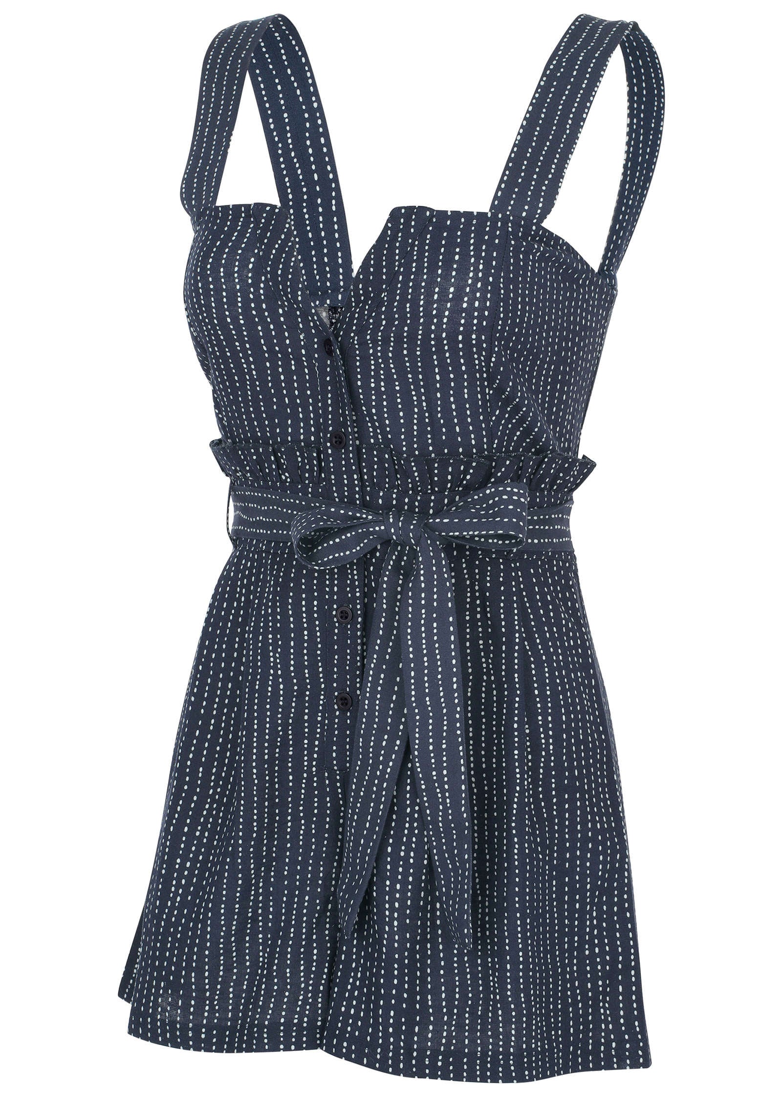 Casual Linen Romper - Navy Dot Stripe