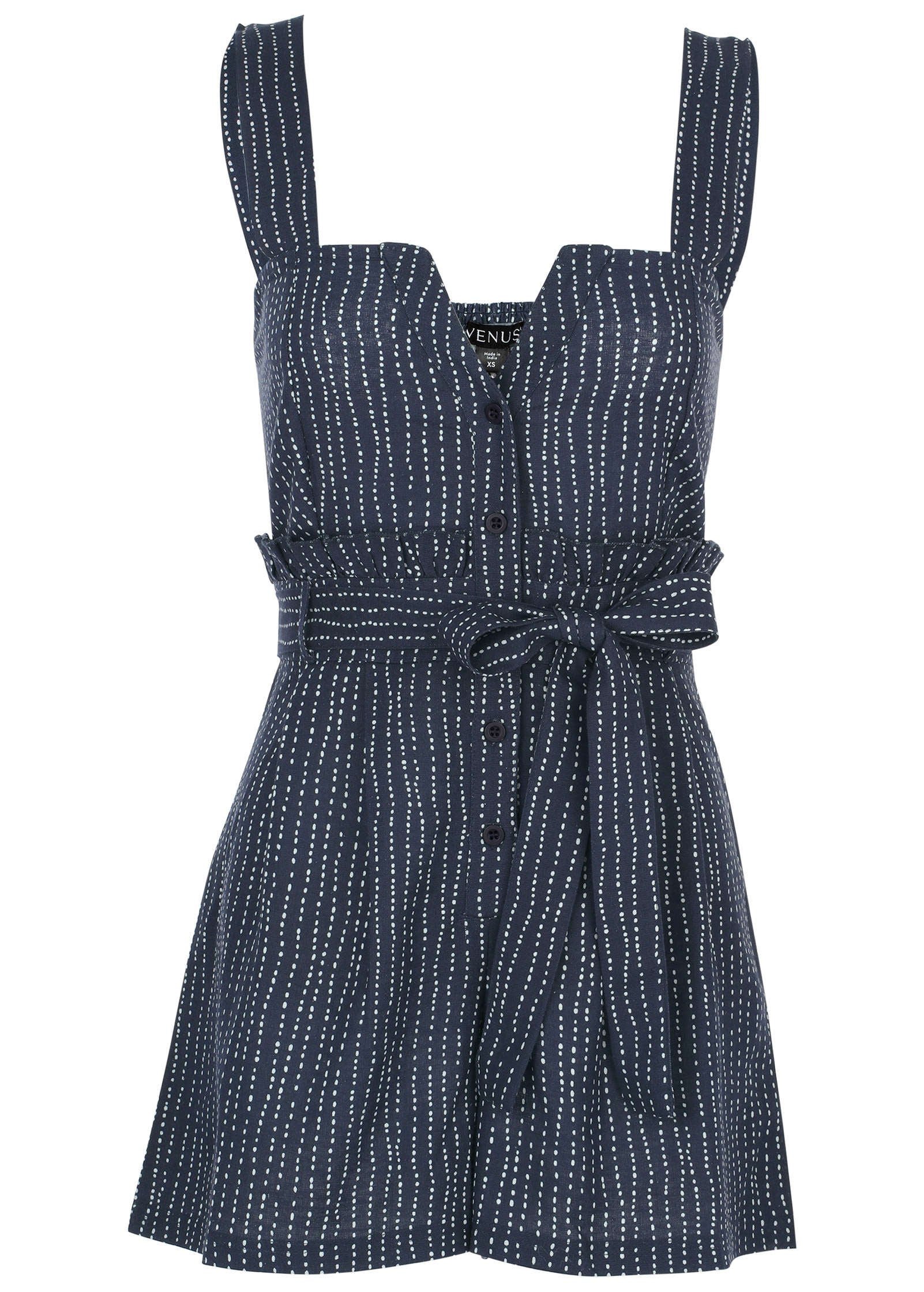 Casual Linen Romper - Navy Dot Stripe