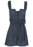 Casual Linen Romper - Navy Dot Stripe