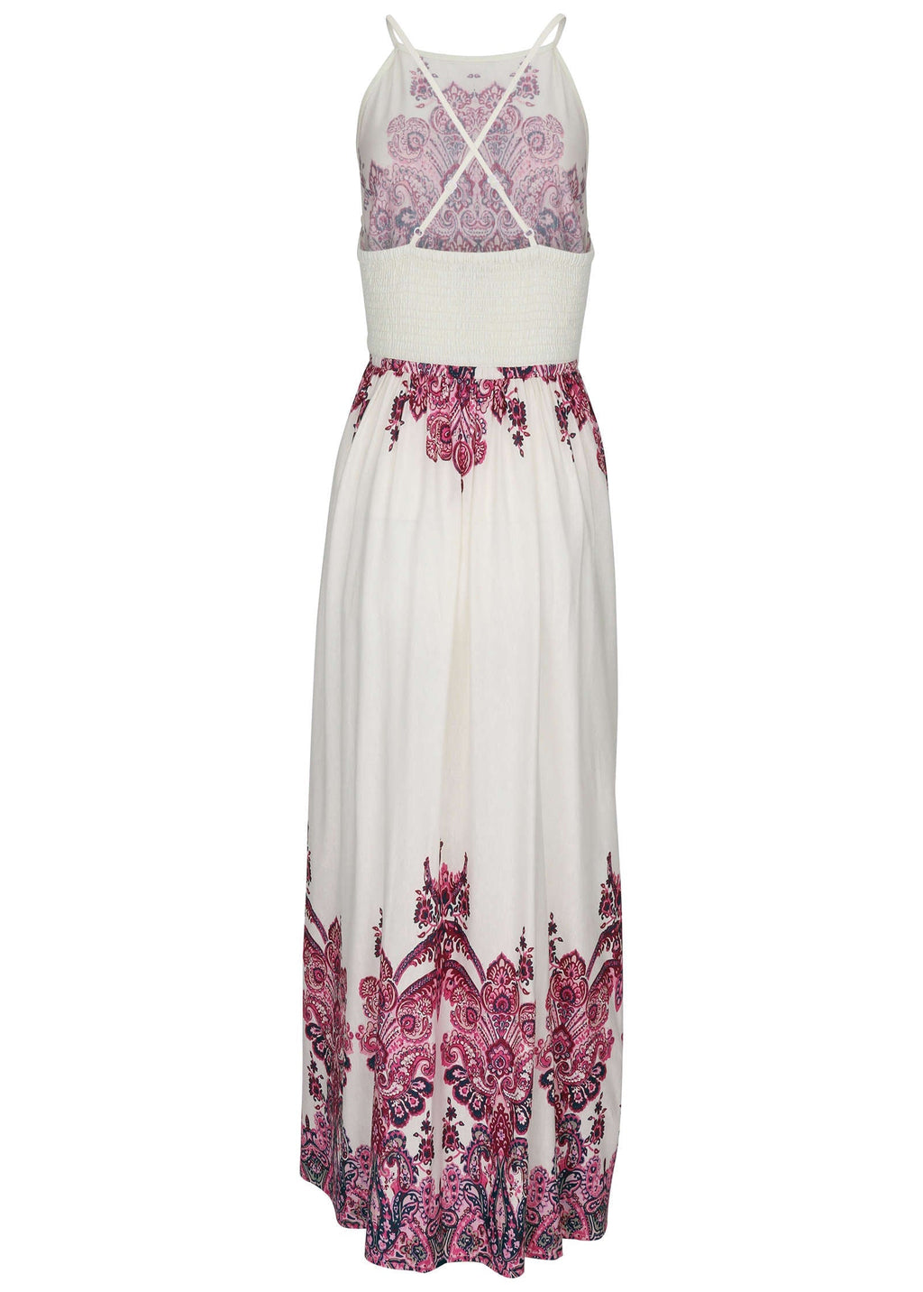 Printed Linen Maxi Dress - Pink Boho Paisley Border
