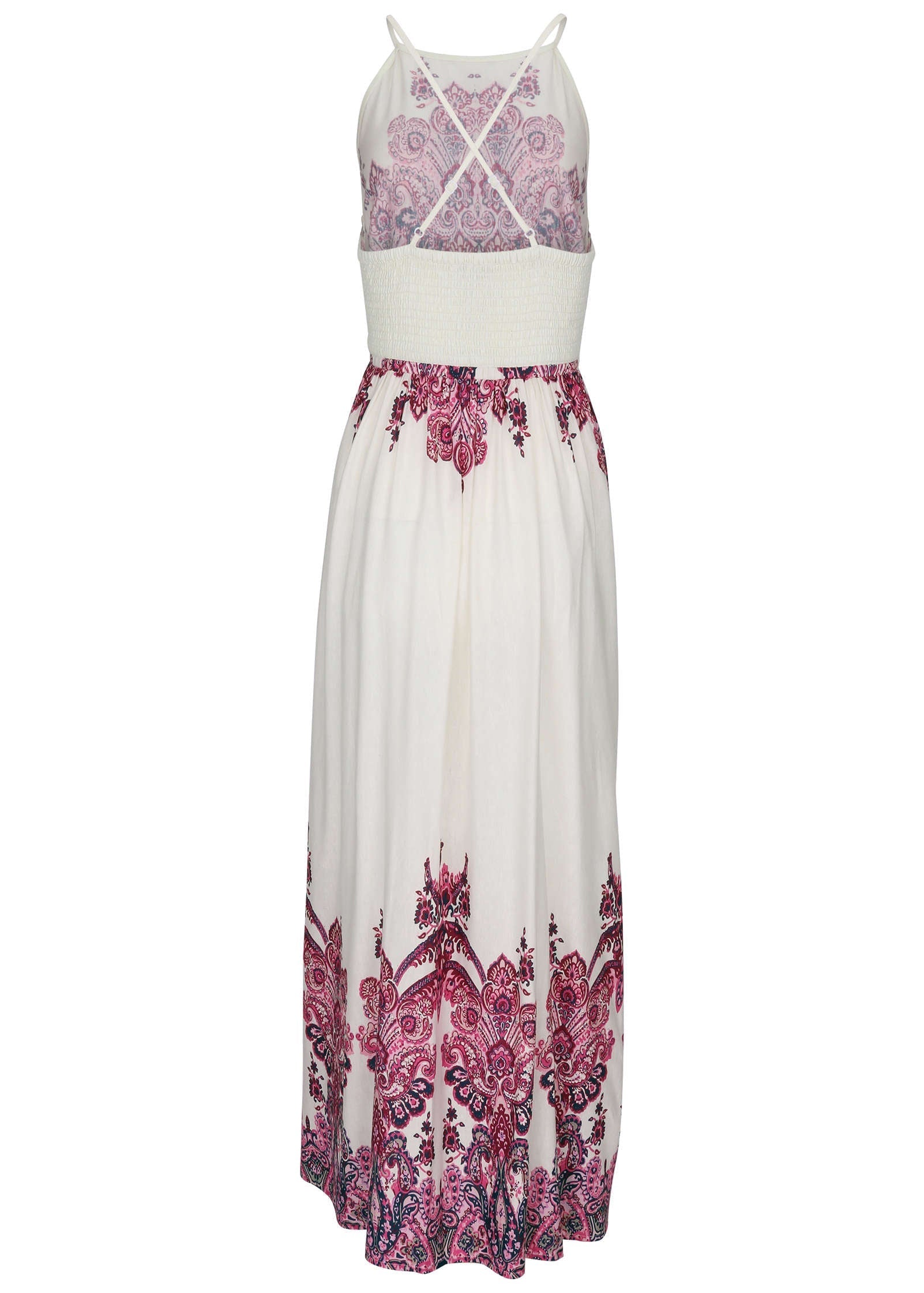 Printed Linen Maxi Dress - Pink Boho Paisley Border