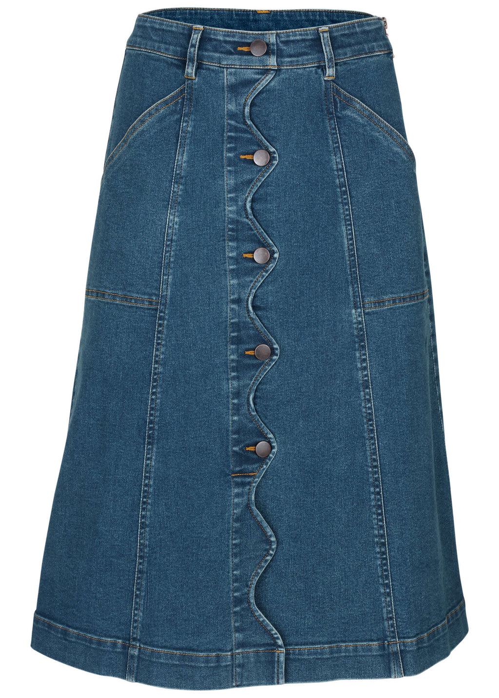Wavy Denim Midi Skirt - Medium Wash