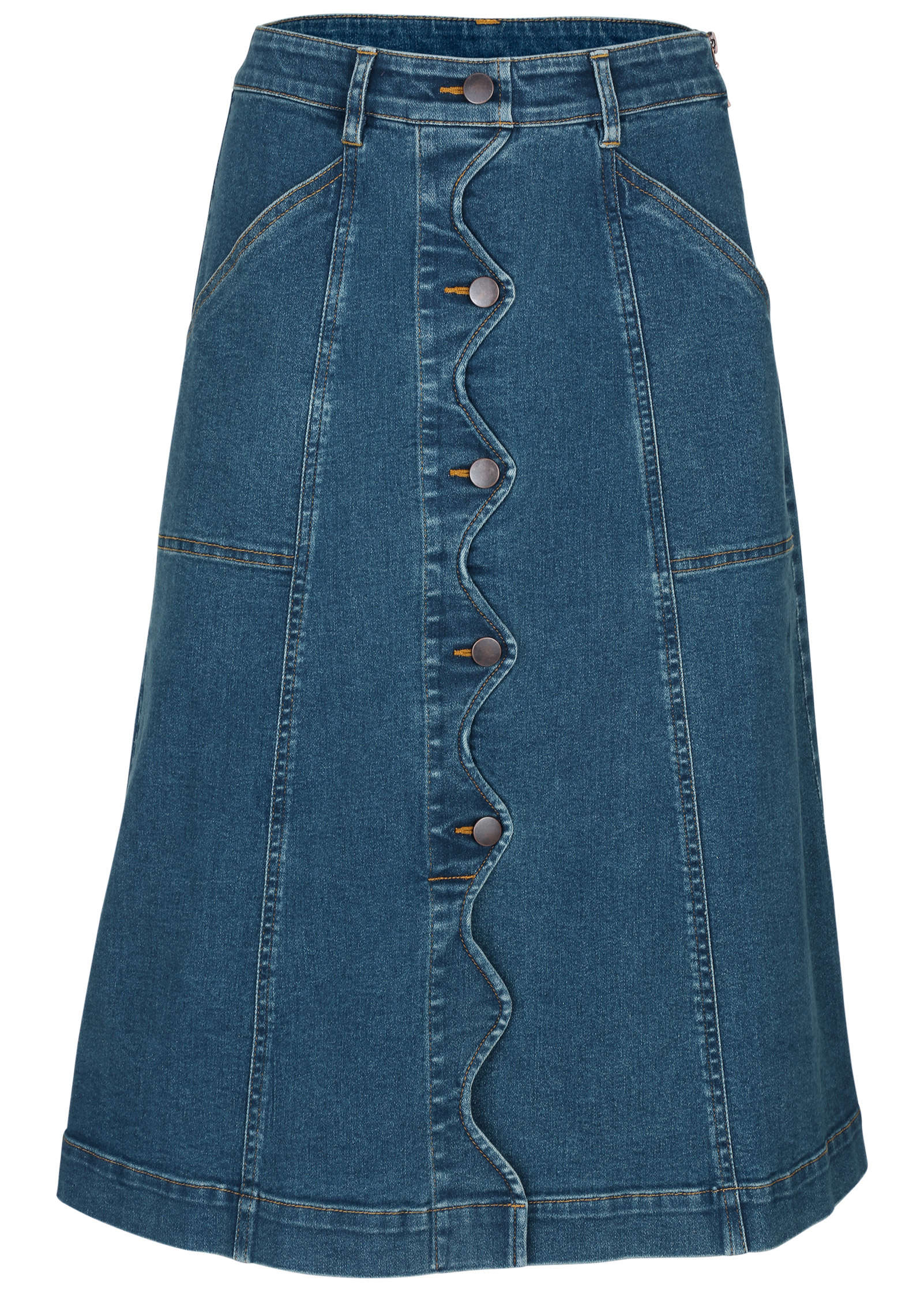 Wavy Denim Midi Skirt - Medium Wash