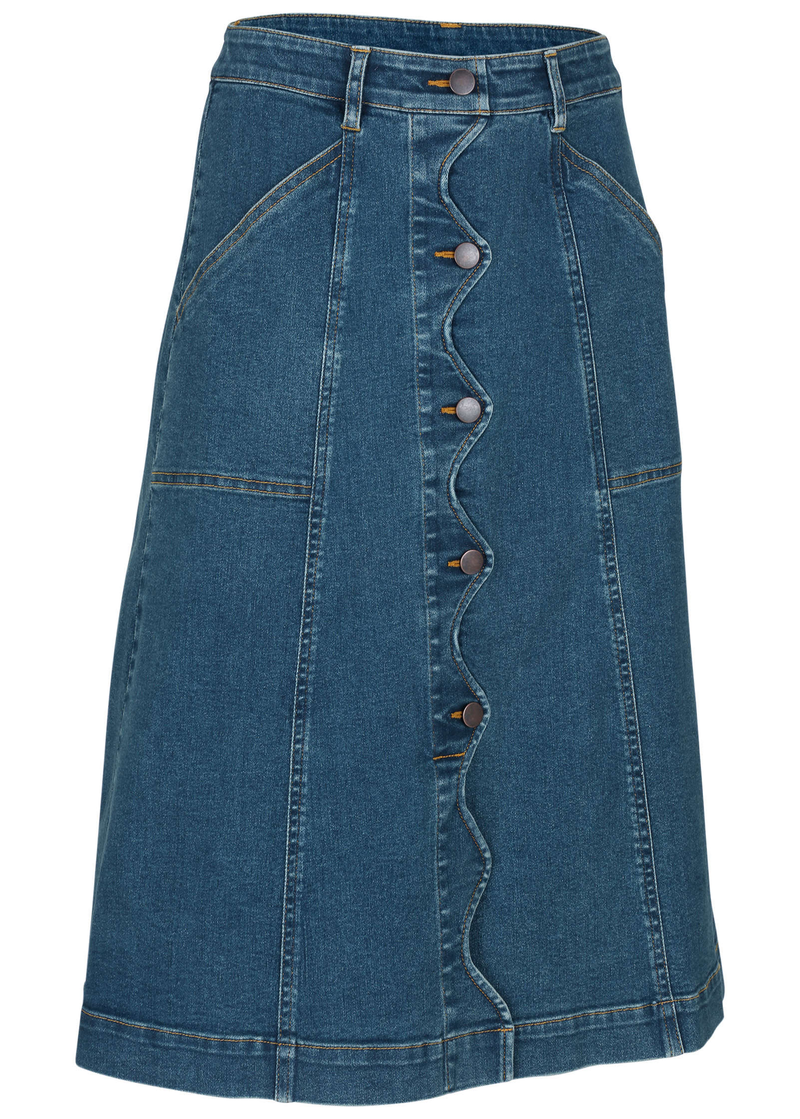 Wavy Denim Midi Skirt - Medium Wash