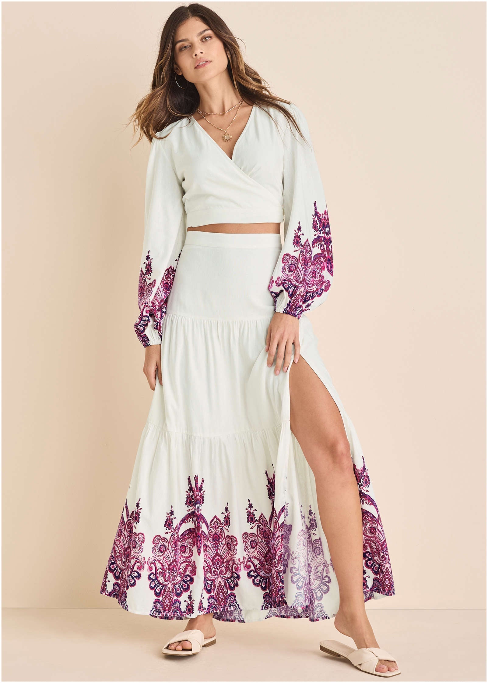 Printed Linen Two-Piece Set - Pink Boho Paisley Border