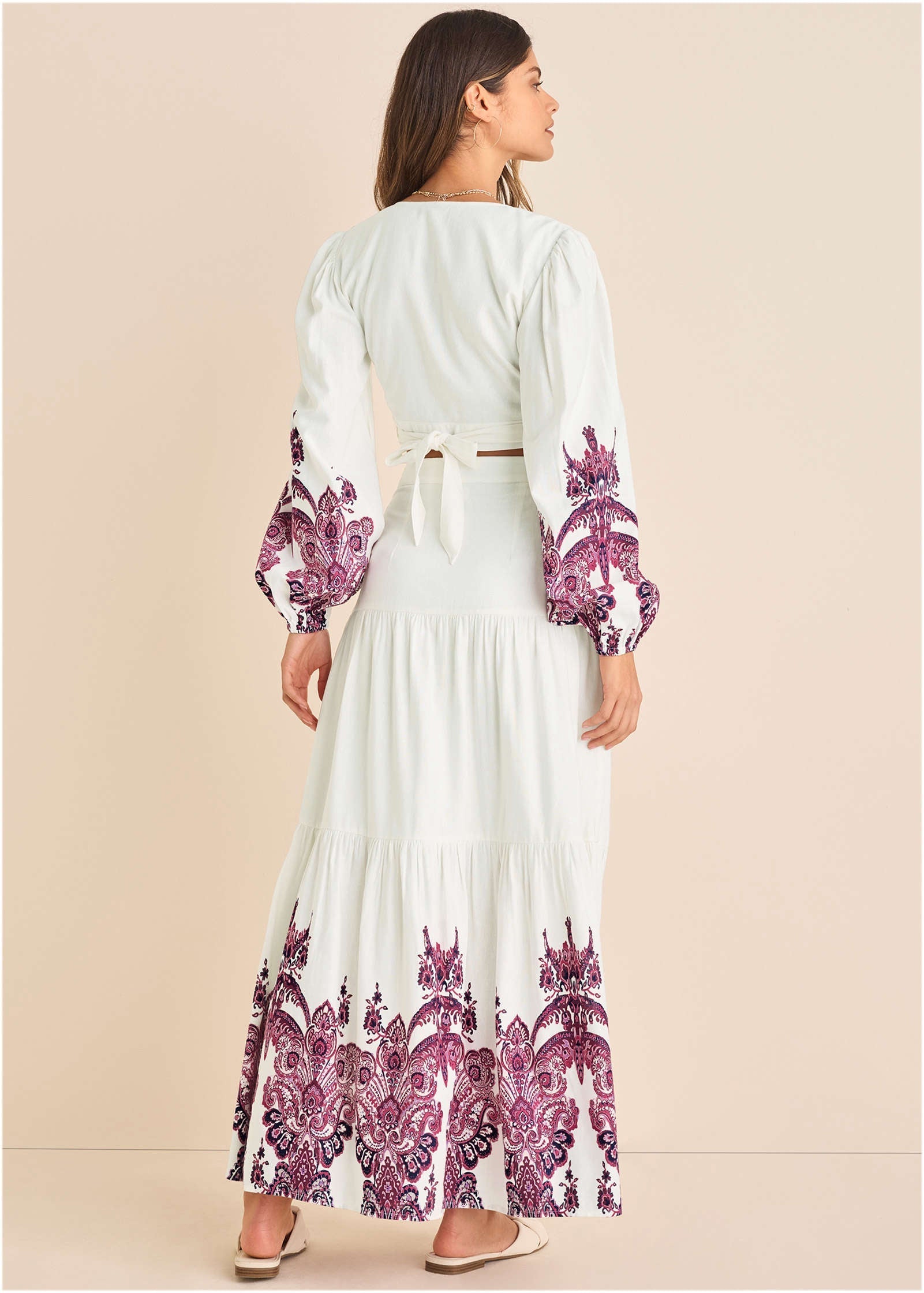 Printed Linen Two-Piece Set - Pink Boho Paisley Border