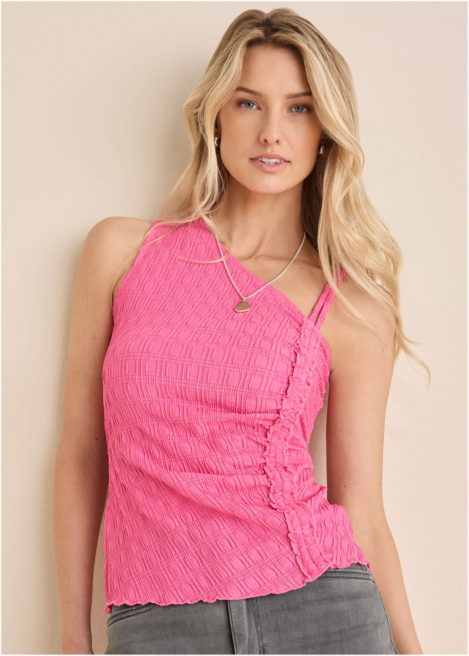 Bubbly Knit Asym Tank - Bright Pink