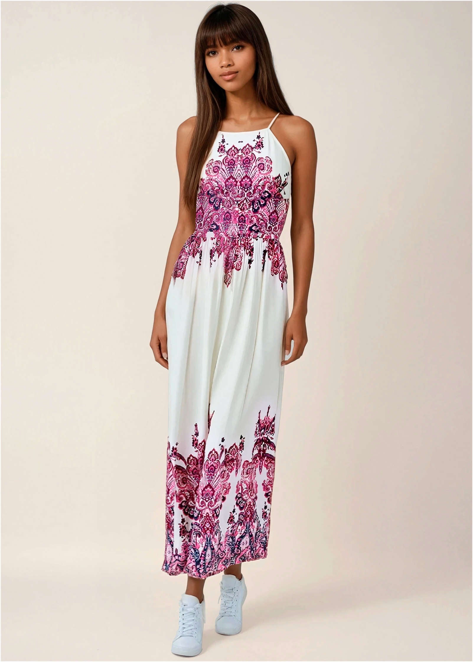 Printed Linen Maxi Dress - Pink Boho Paisley Border