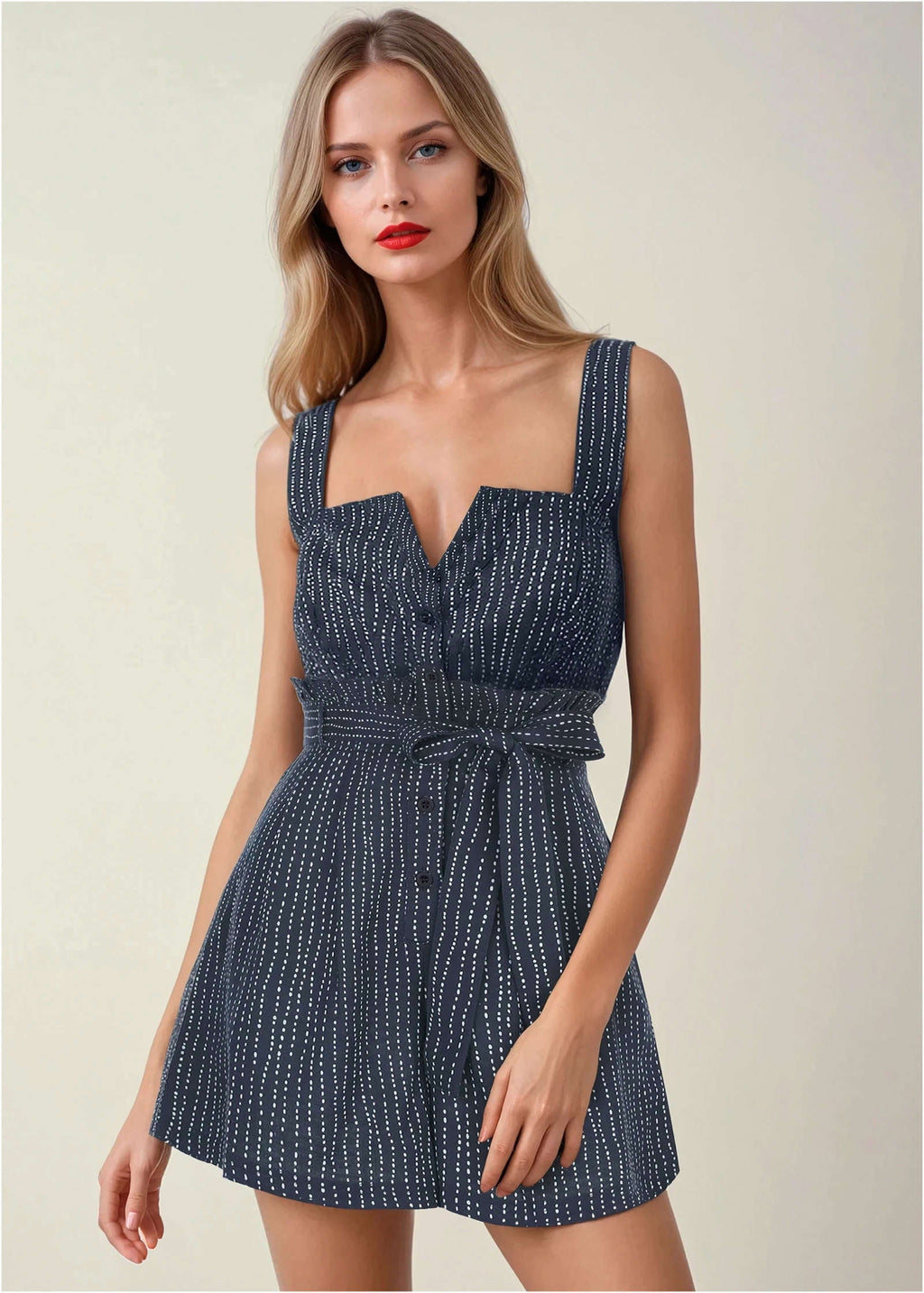 Casual Linen Romper - Navy Dot Stripe