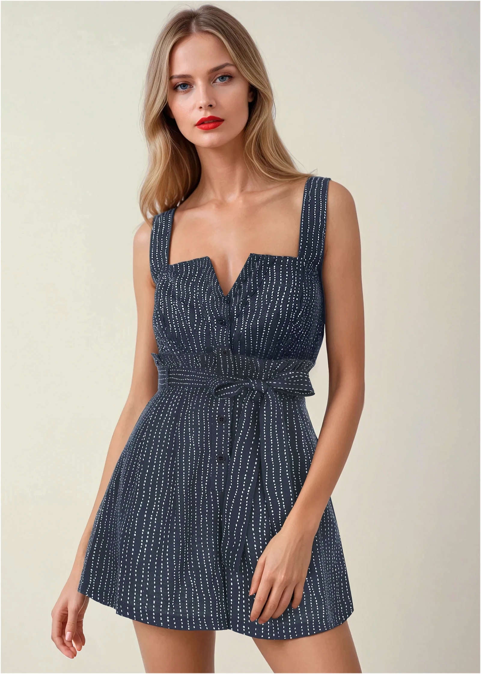 Casual Linen Romper - Navy Dot Stripe